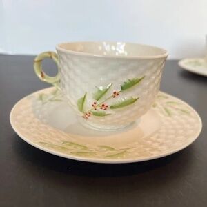 Belleek Cream and Green Holly Teacup and Saucer